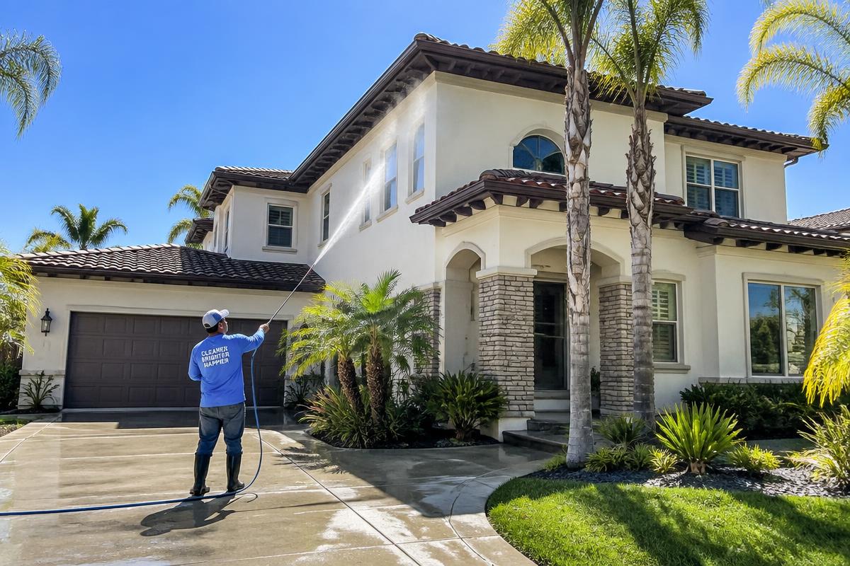 Technician rinsing the exterior wall of a stucco home on a sunny day